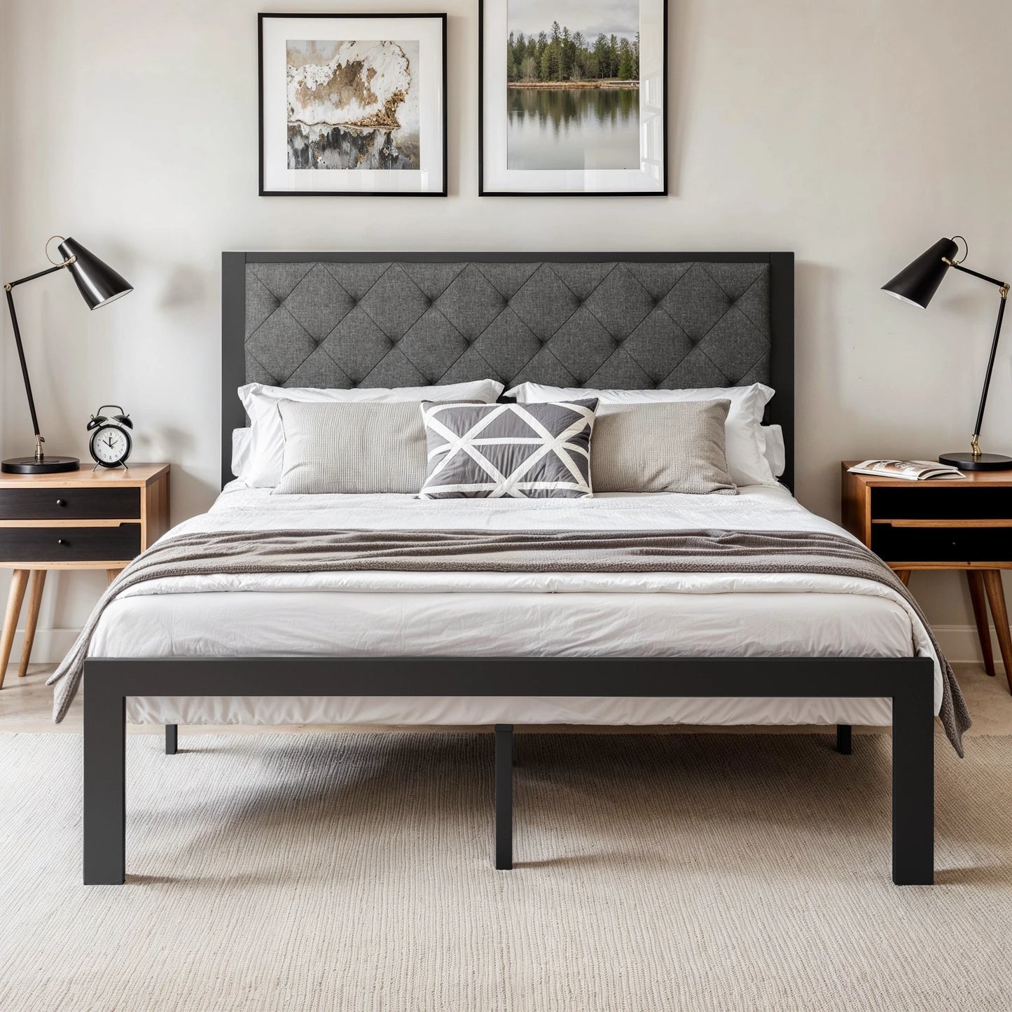 HOOMIC Metal Bed Frame With Upholstered Headboard Linen Fabric