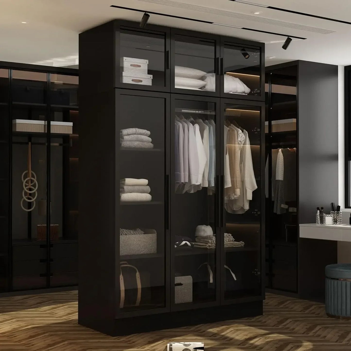 Glass Wardrobe Closet With Lights And Hanging Rod For Cloakroom