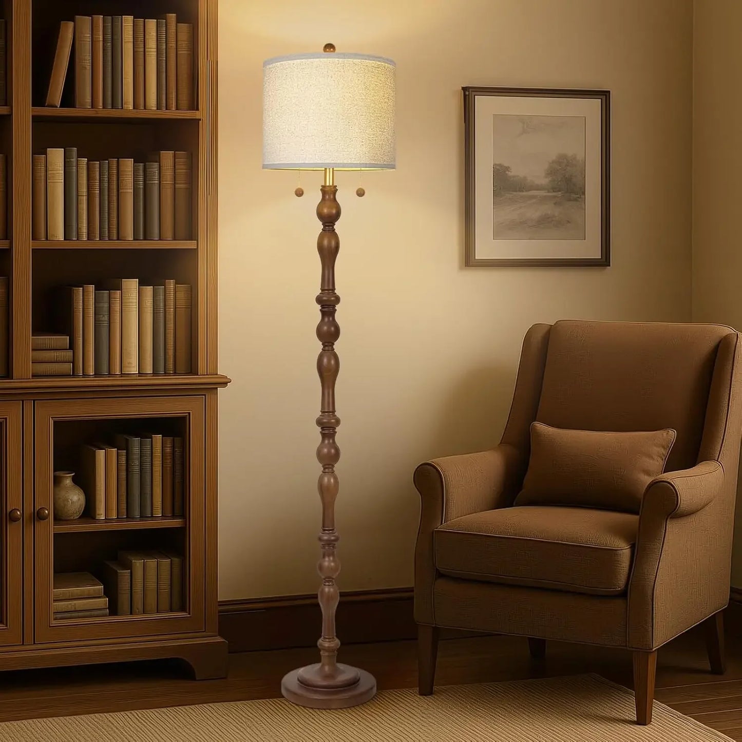 Natural Real Wood Floor Lamp With S Cluster Pull Chains