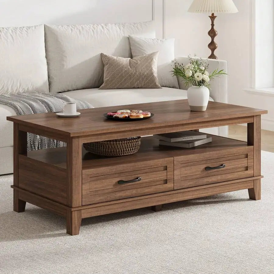Meiyiu Farmhouse Coffee Table With Drawers, 47.2" Center Table Rustic Coffee Tables Living Room Table, With Open Shelf And 6