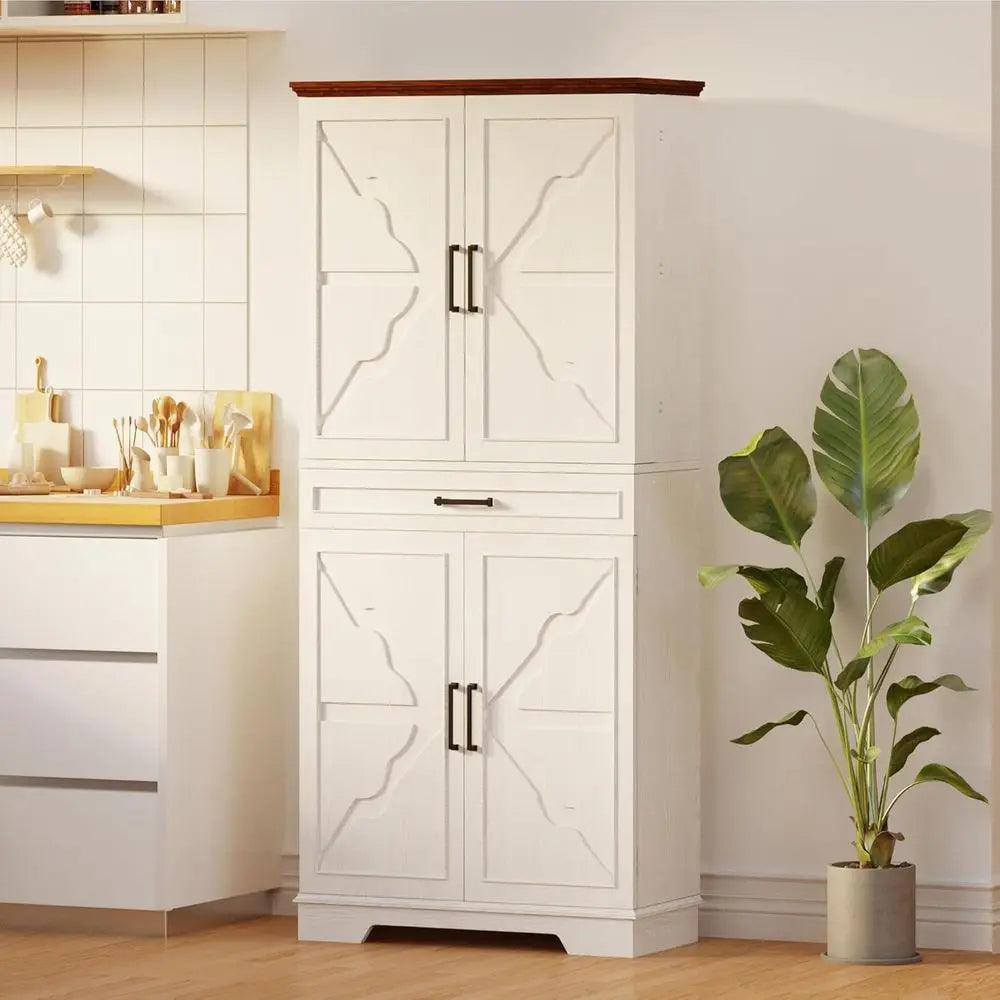72 Tall Kitchen Storage Cabinet with Sliding Rack and 6 Hanging Shelves, White
