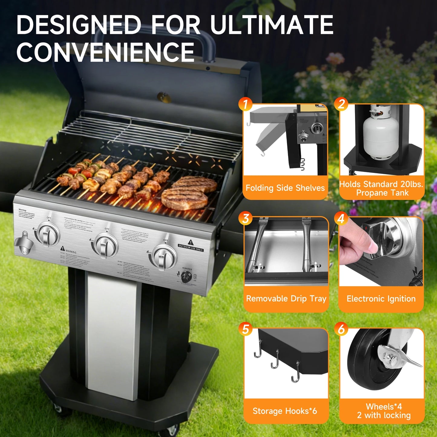 3-Burner Propane Gas Grill With Warming Rack And Wheels