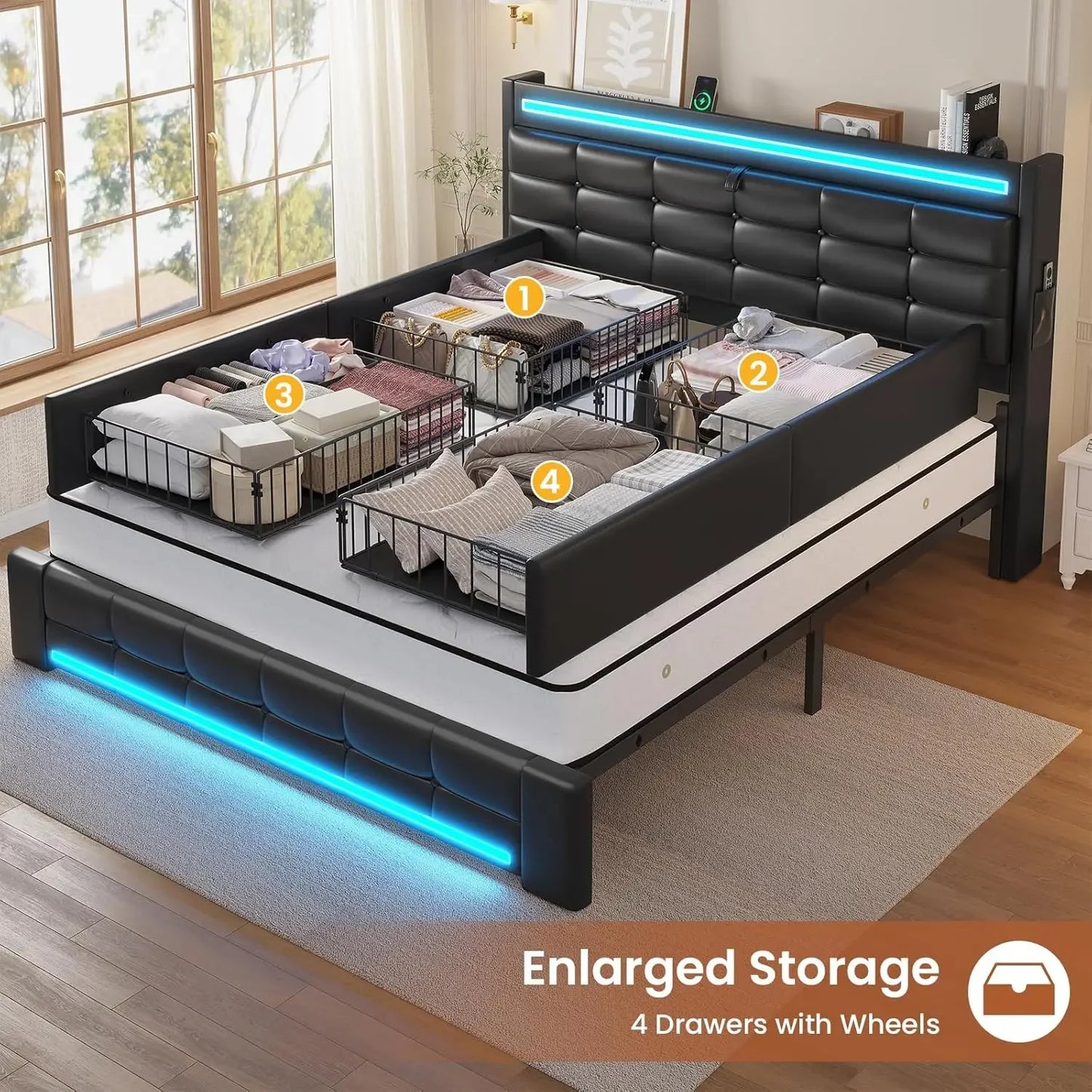 Queen Bed Frame With Storage Headboard And LED Charging Station