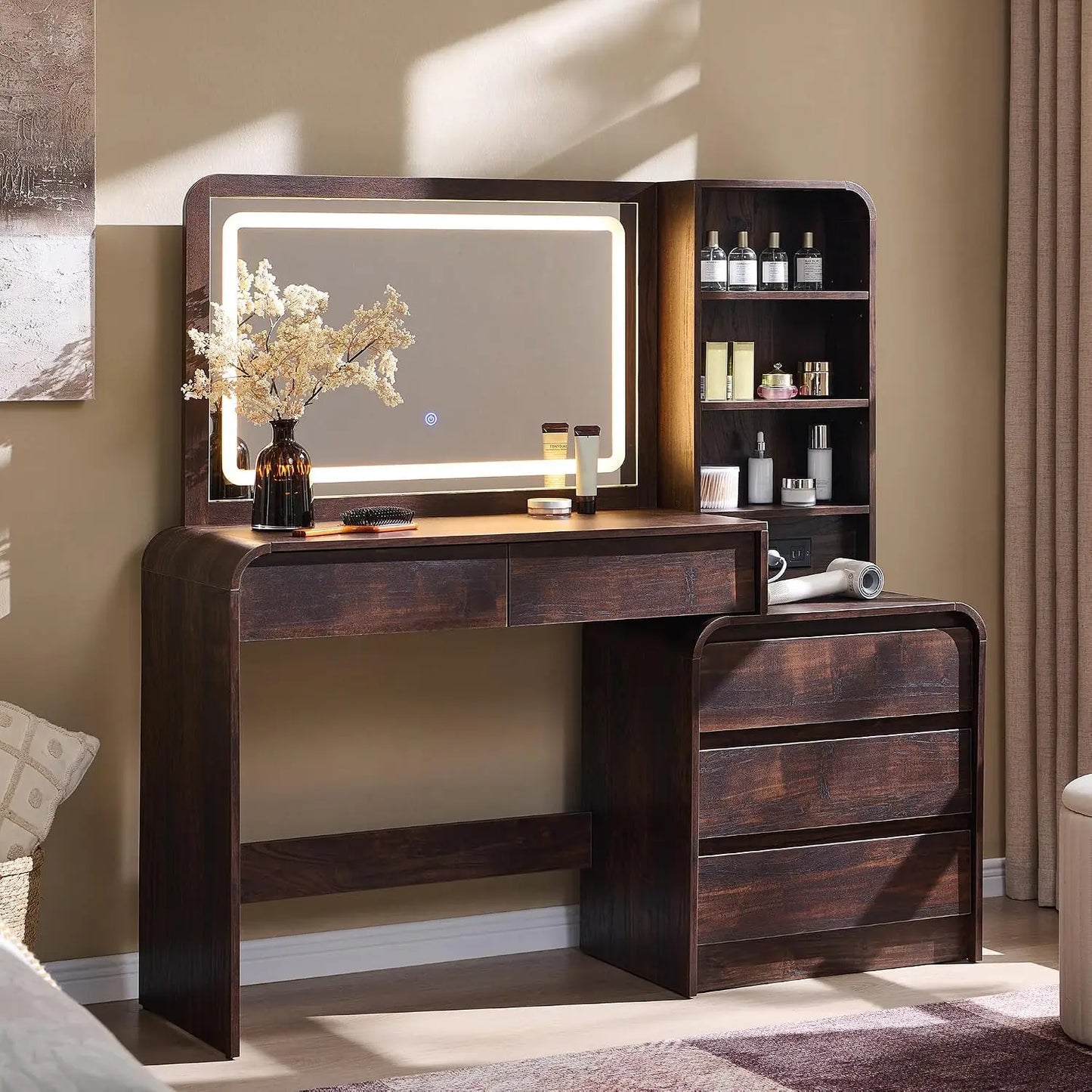 Modern Makeup Vanity With LED Mirror And Five Drawers