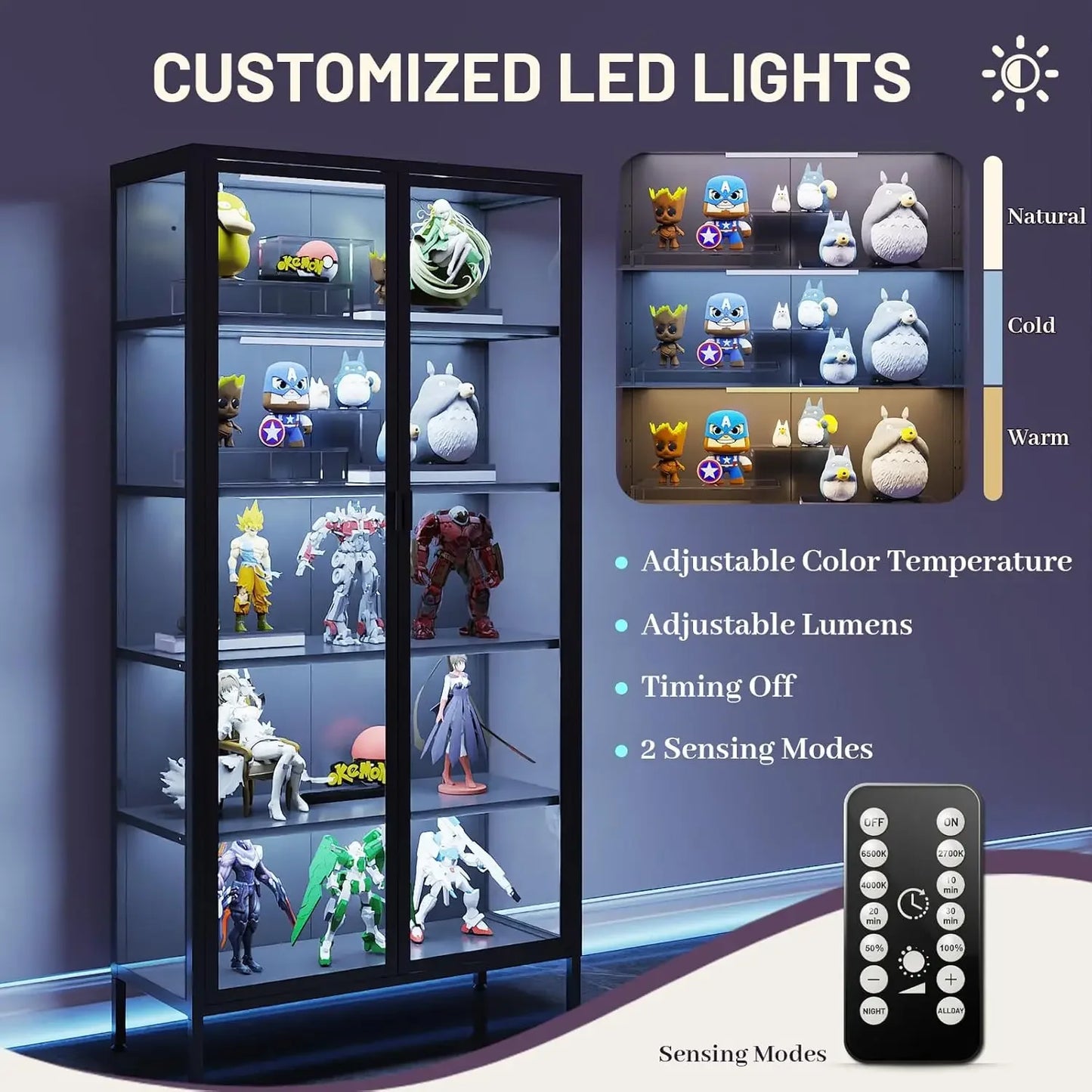 Glass Display Cabinet With LED Lights And Adjustable Shelves