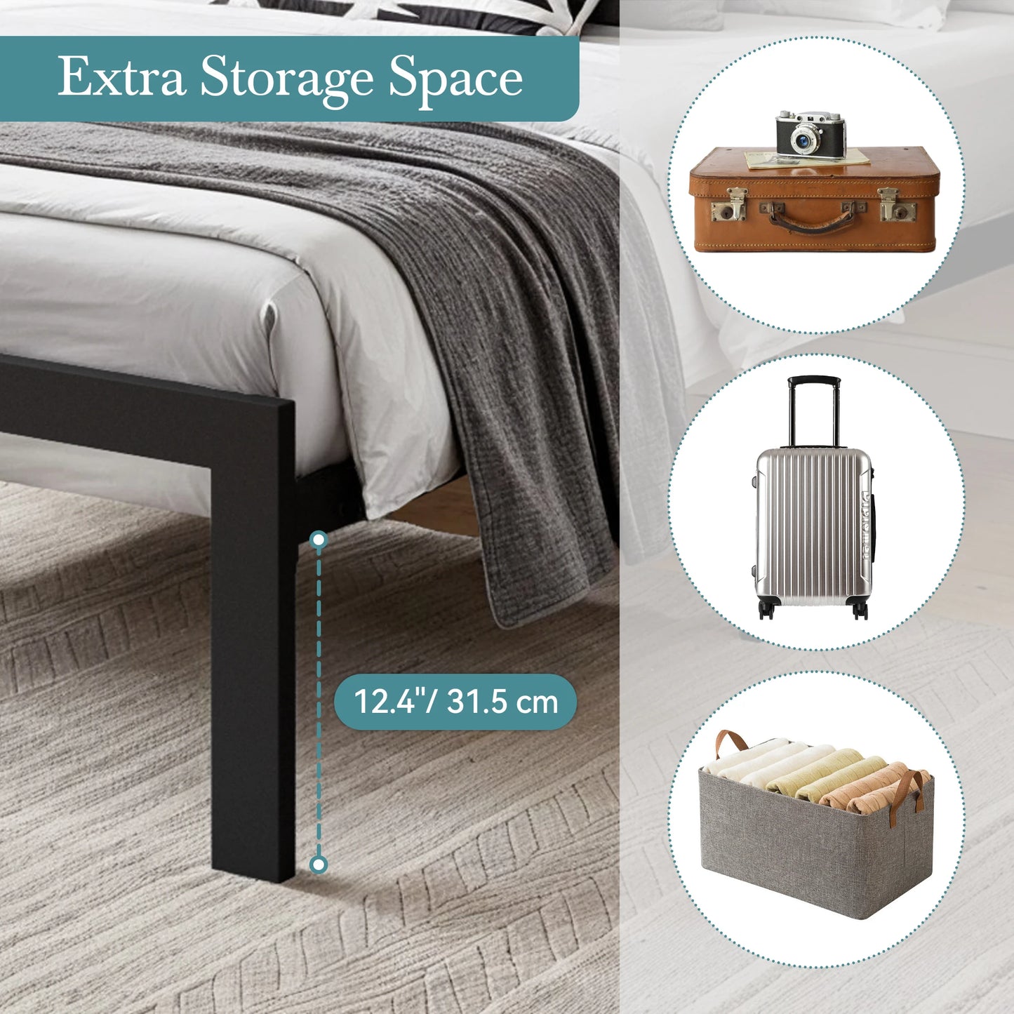 HOOMIC Metal Bed Frame With Upholstered Headboard Linen Fabric