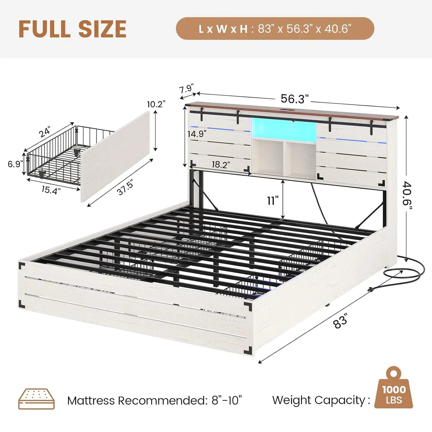 Wooden Bed Frame With Sliding Barn Doors And Charging Station
