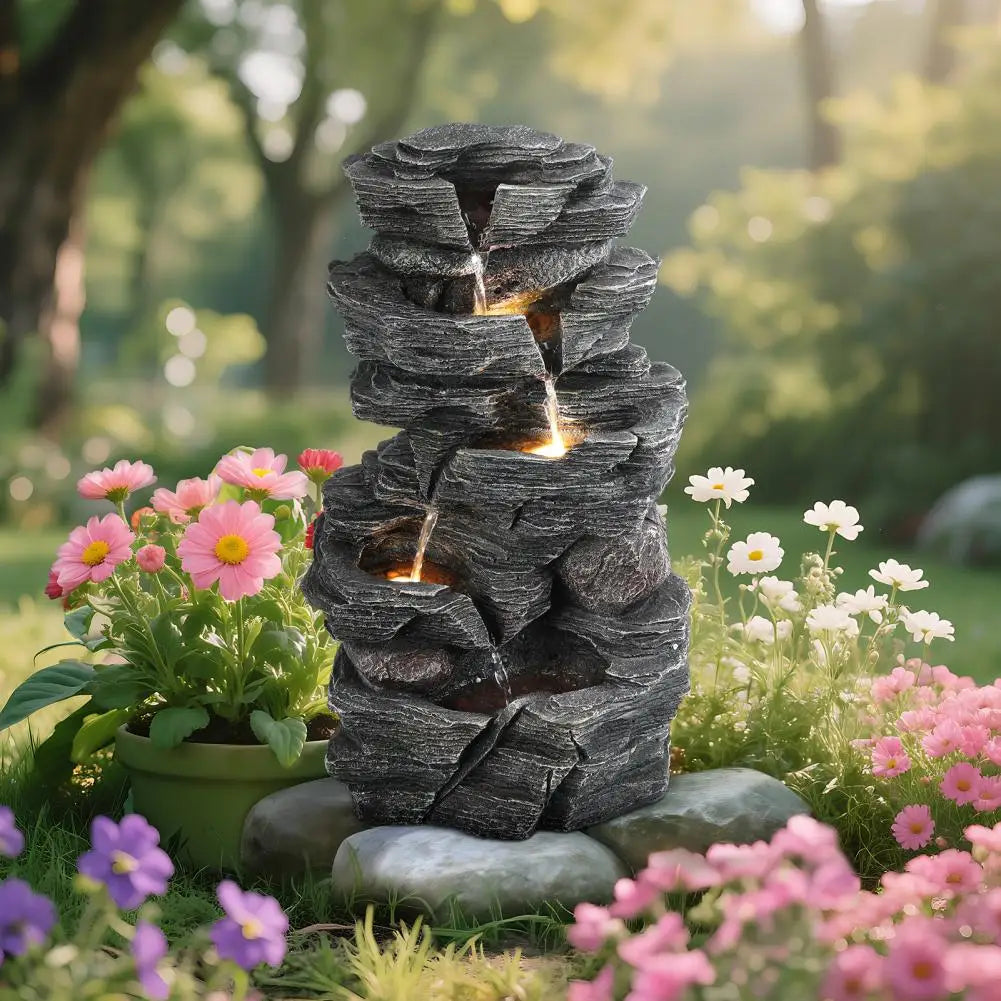 Cascading Rock Water Fountain With LED Outdoor Garden Decoration