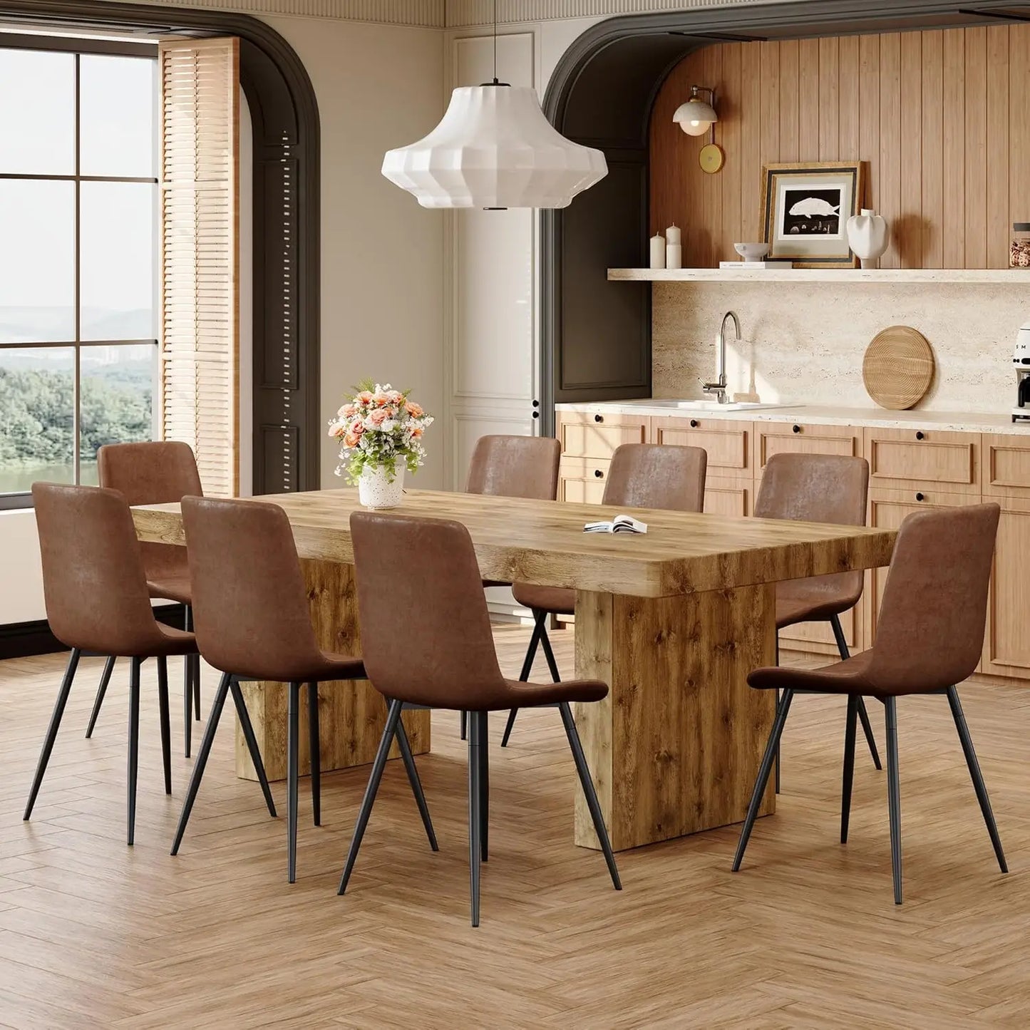 GUOHE Modern Farmhouse Dining Table Set With Faux Leather Chairs