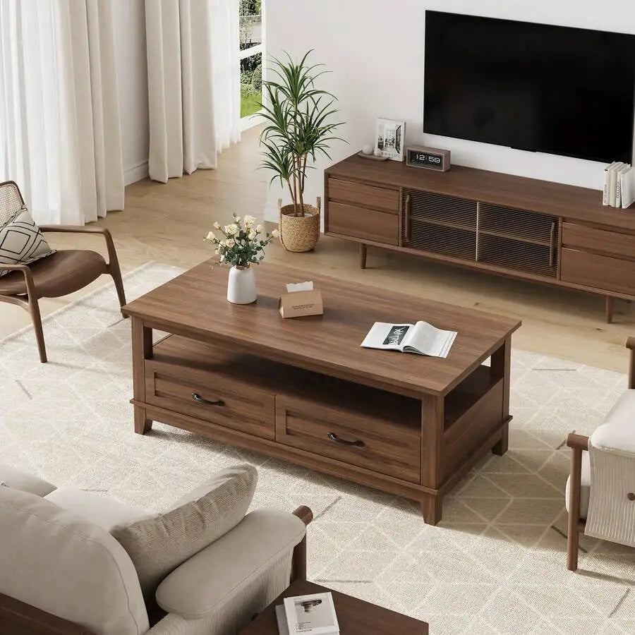 Meiyiu Farmhouse Coffee Table With Drawers, 47.2" Center Table Rustic Coffee Tables Living Room Table, With Open Shelf And 6