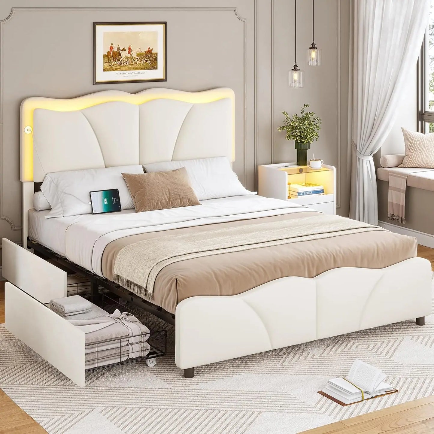 Velvet Platform Bed Frame With Adjustable Headboard And LED Lights