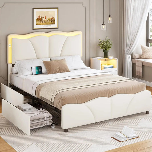Velvet Platform Bed Frame With Adjustable Headboard And LED Lights