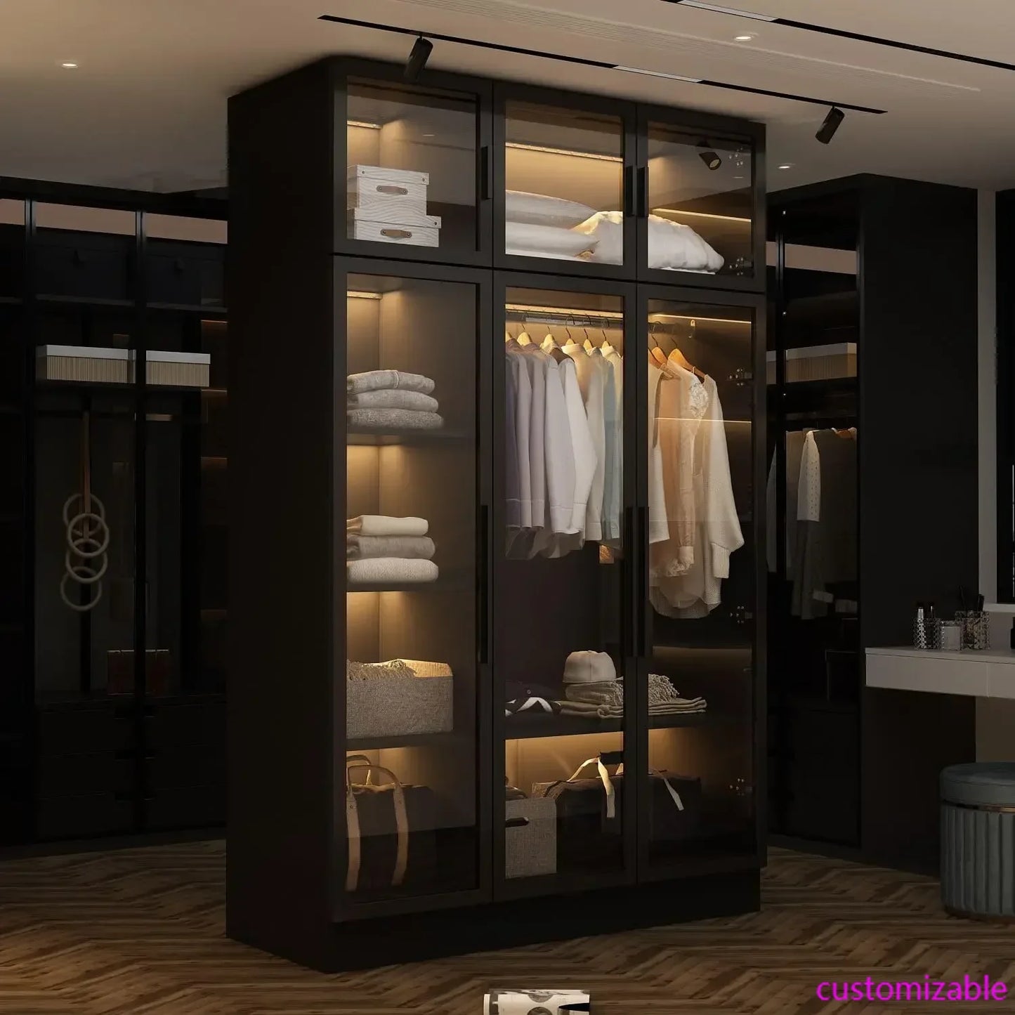 Glass Wardrobe Closet With Lights And Hanging Rod For Cloakroom
