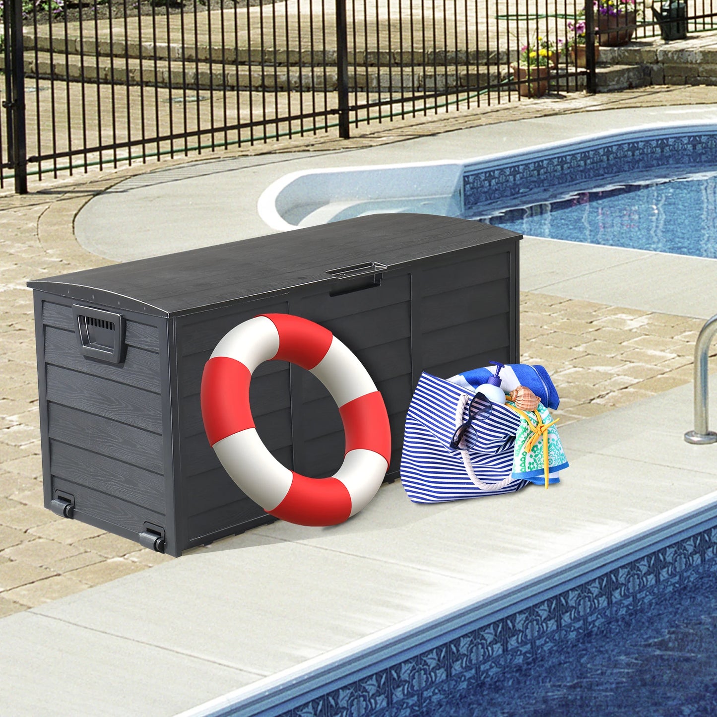 Outdoor Garden Storage Box with Wheels and Lockable Seat