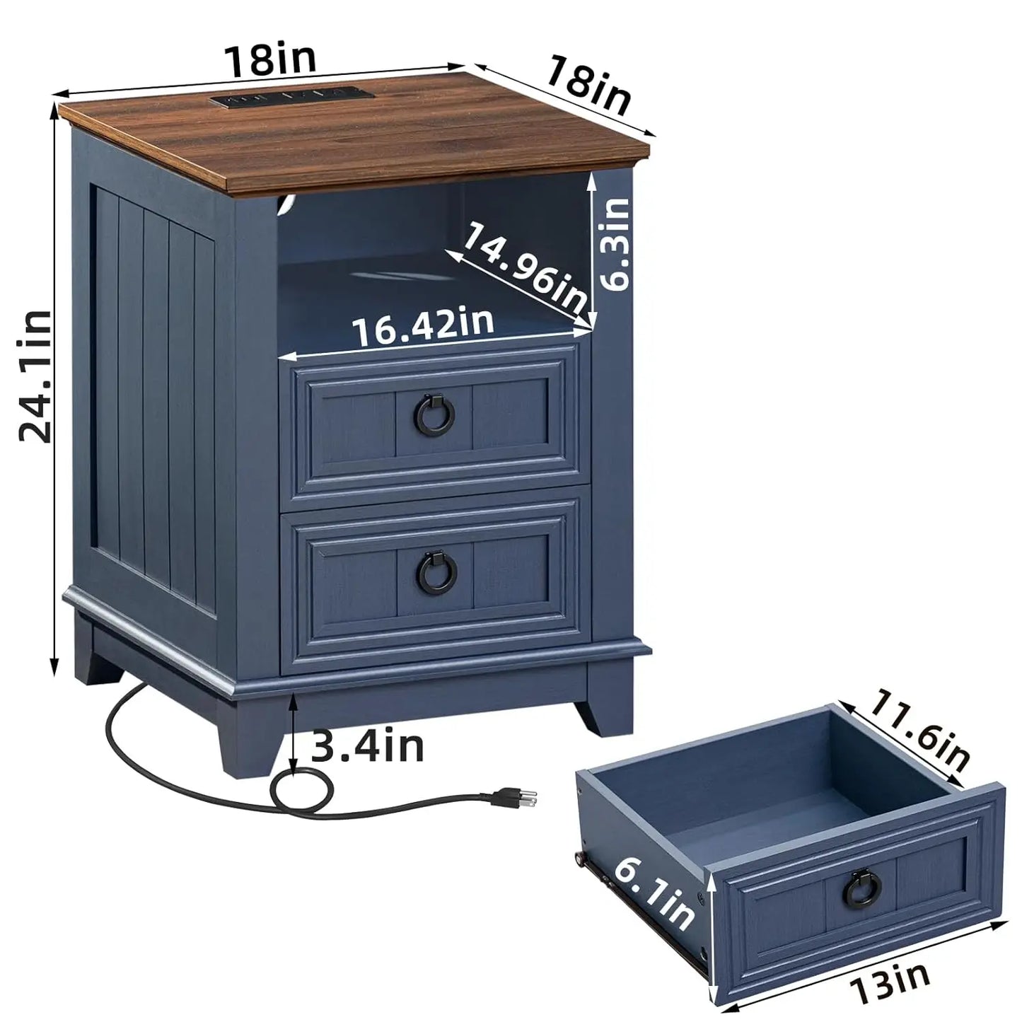 Farmhouse Night Stands Set 2 With Charging Station And Drawers