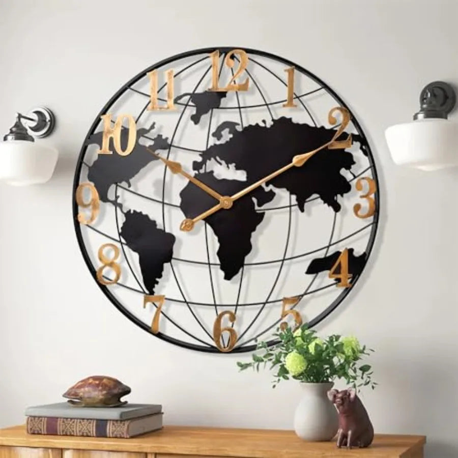 World Map Wall Clock Metal Minimalist Modern Design