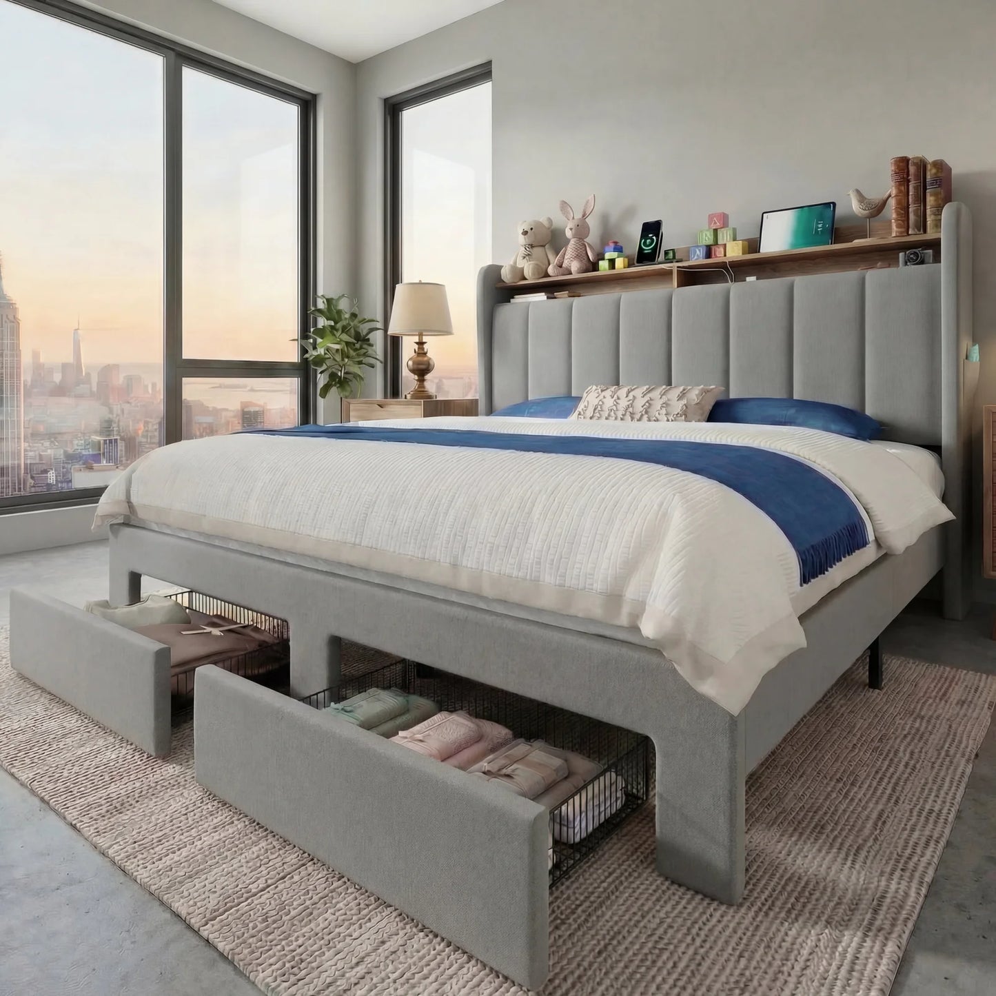 HOOMIC Bed Frame With LED Lights 2 Storage Drawers Shelves No Box Spring Needed