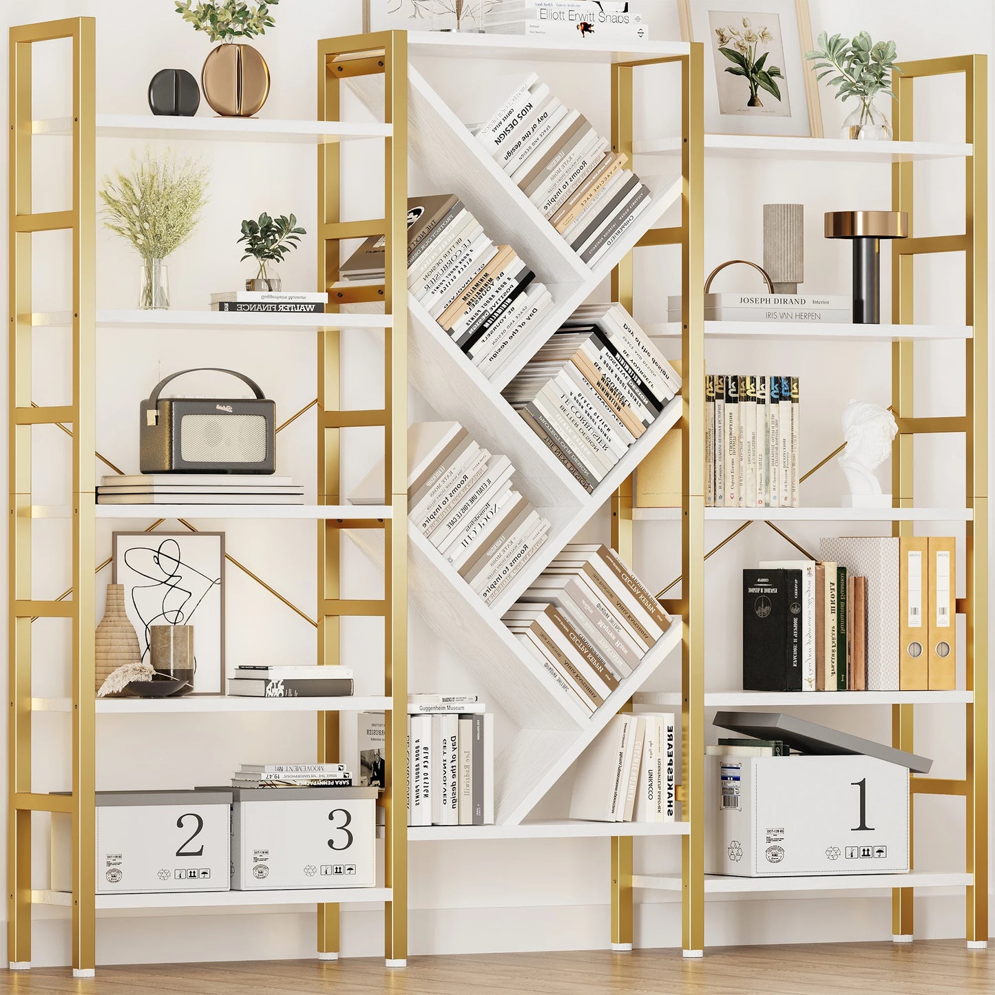 Triple 5 Tier Bookshelf, Large Wooden Bookcase with 17 Open Display Shelves, Modern Tree Book Shelf Metal Frame Tall Bookshelves