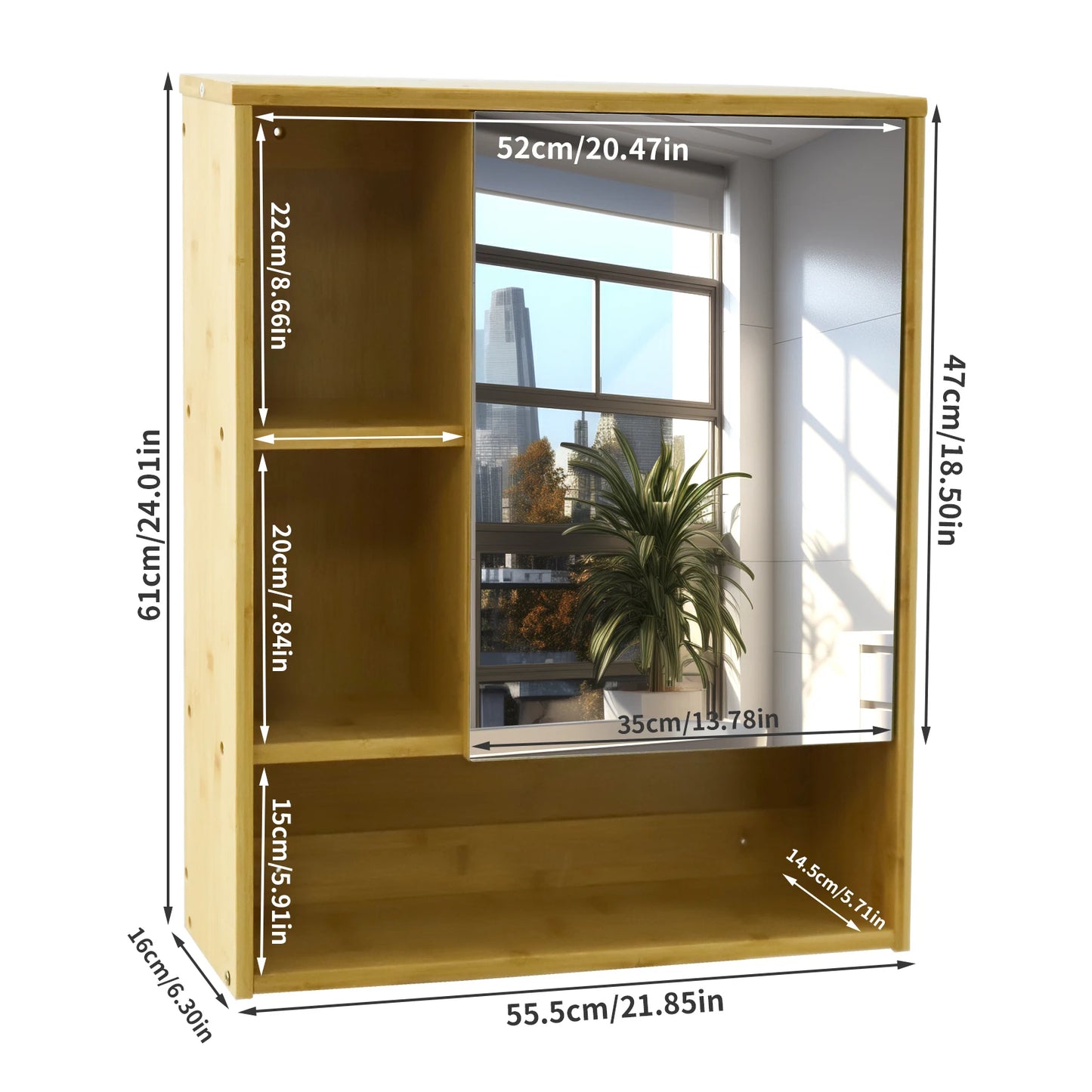 Natural Bamboo Wall Bathroom Medicine Cabinet With Five Shelf Storage