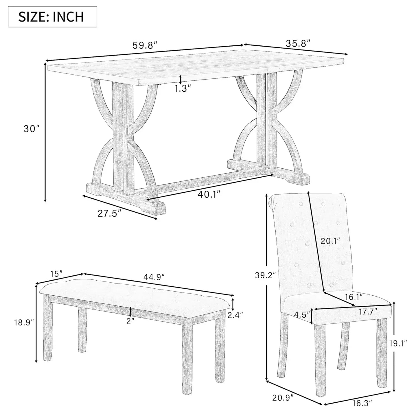 Solid Wood Dining Table Set for Six Bench and Chairs