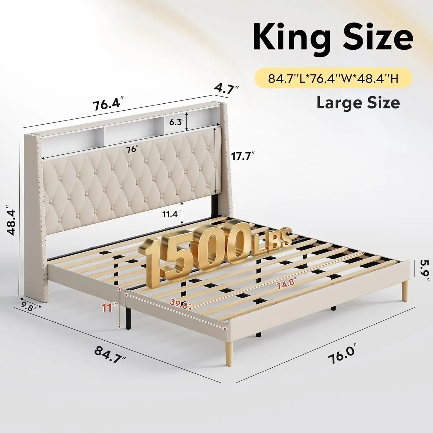 Upholstered Velvet Bed Frame With Wingback Headboard And Charging Station