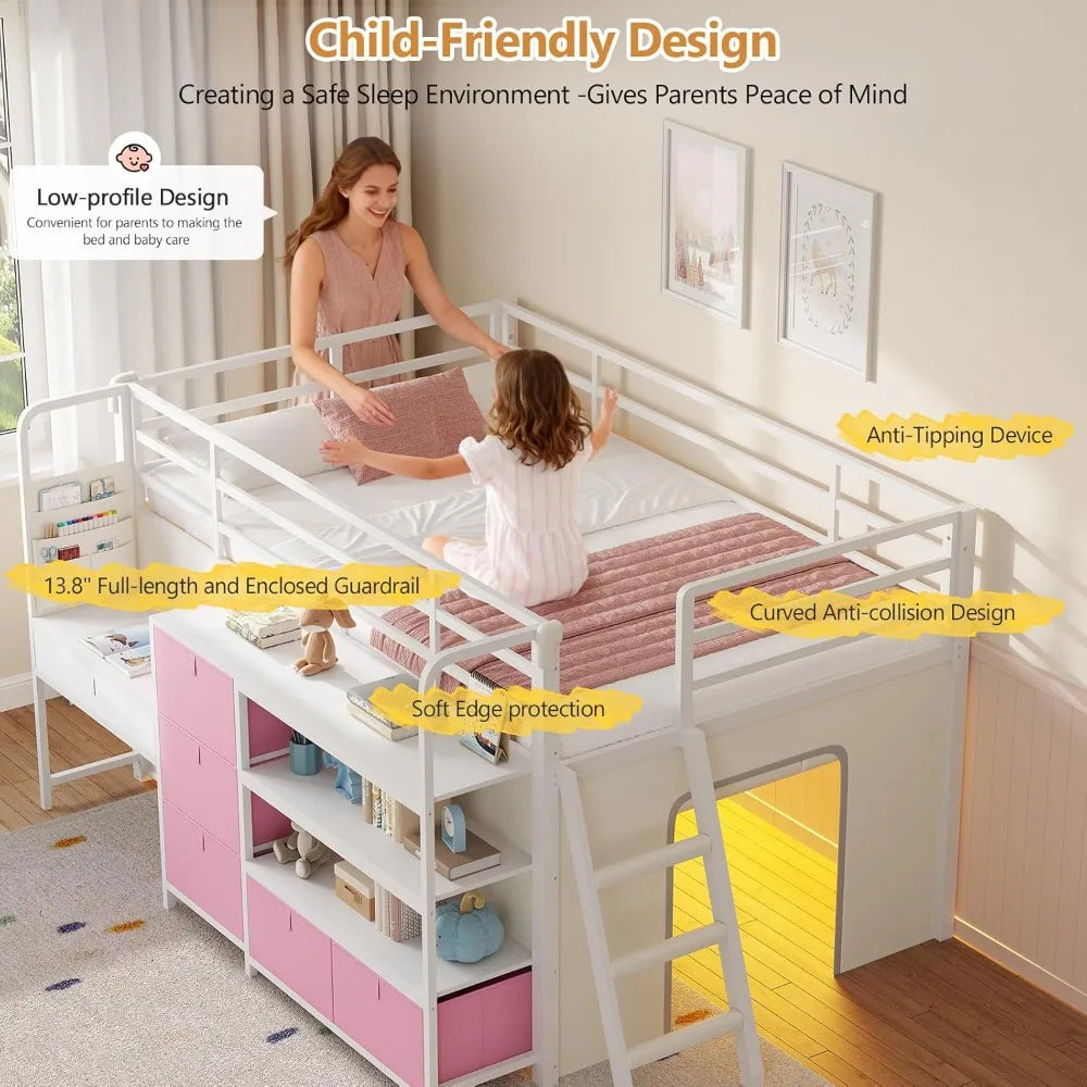Kids Low Loft Bed With Desk Led Lights Storage Drawers