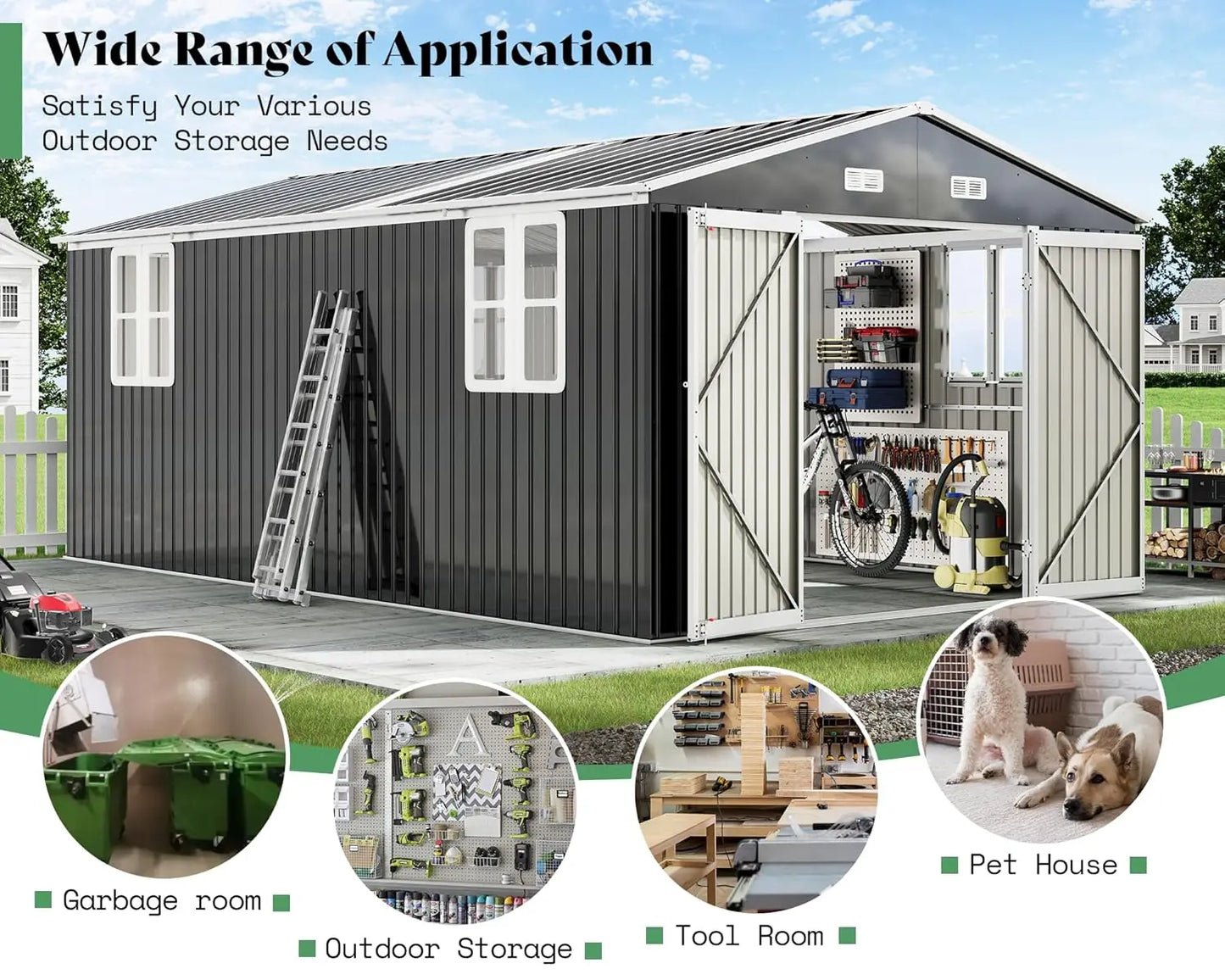 GELU Outdoor Metal Storage Shed With Double Doors And Windows