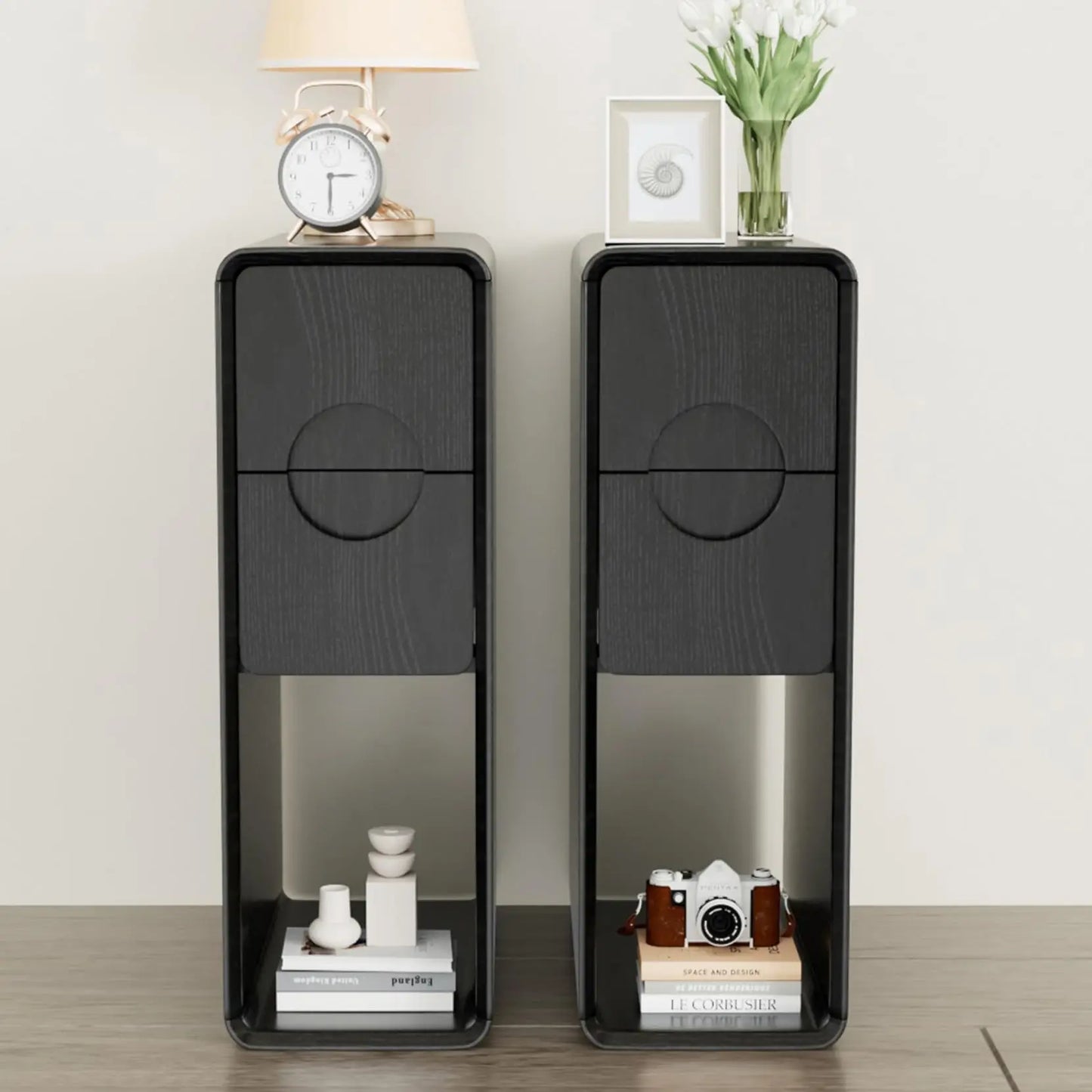 Jluomei Narrow Fluted Wooden Nightstand Two Drawer Bedside Table
