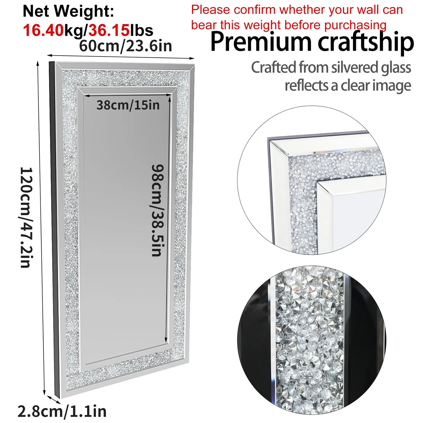 Crystal Crush Diamond Wall Mirror Rectangular Silver Frame For Bathroom