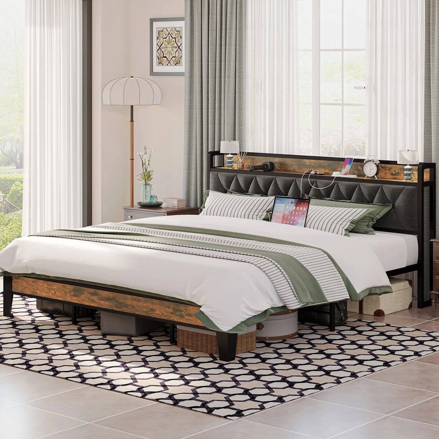 ANCTOR Storage Headboard Bed Frame With Outlets Quiet Design