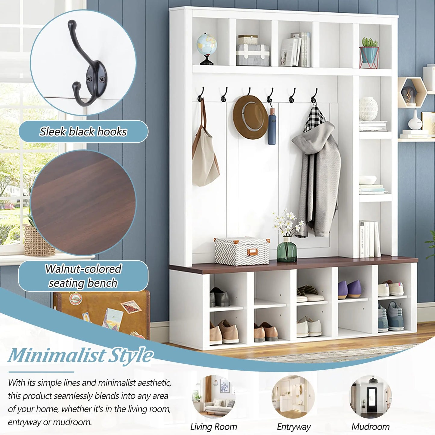 Farmhouse Style Hall Tree With 6 Hooks Entryway Bench Shoe Organizer With Open Compartments White
