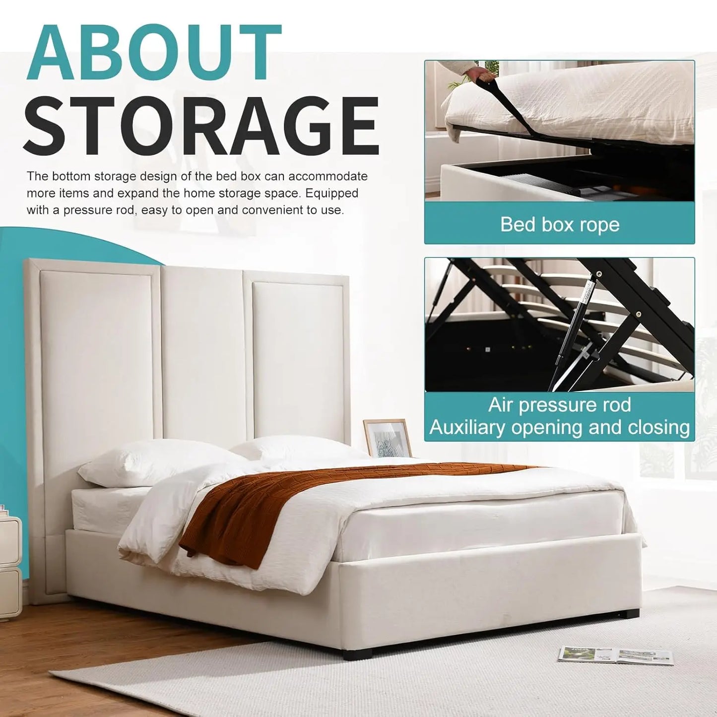 Queen Linen Upholstered Platform Bed With Storage Drawers