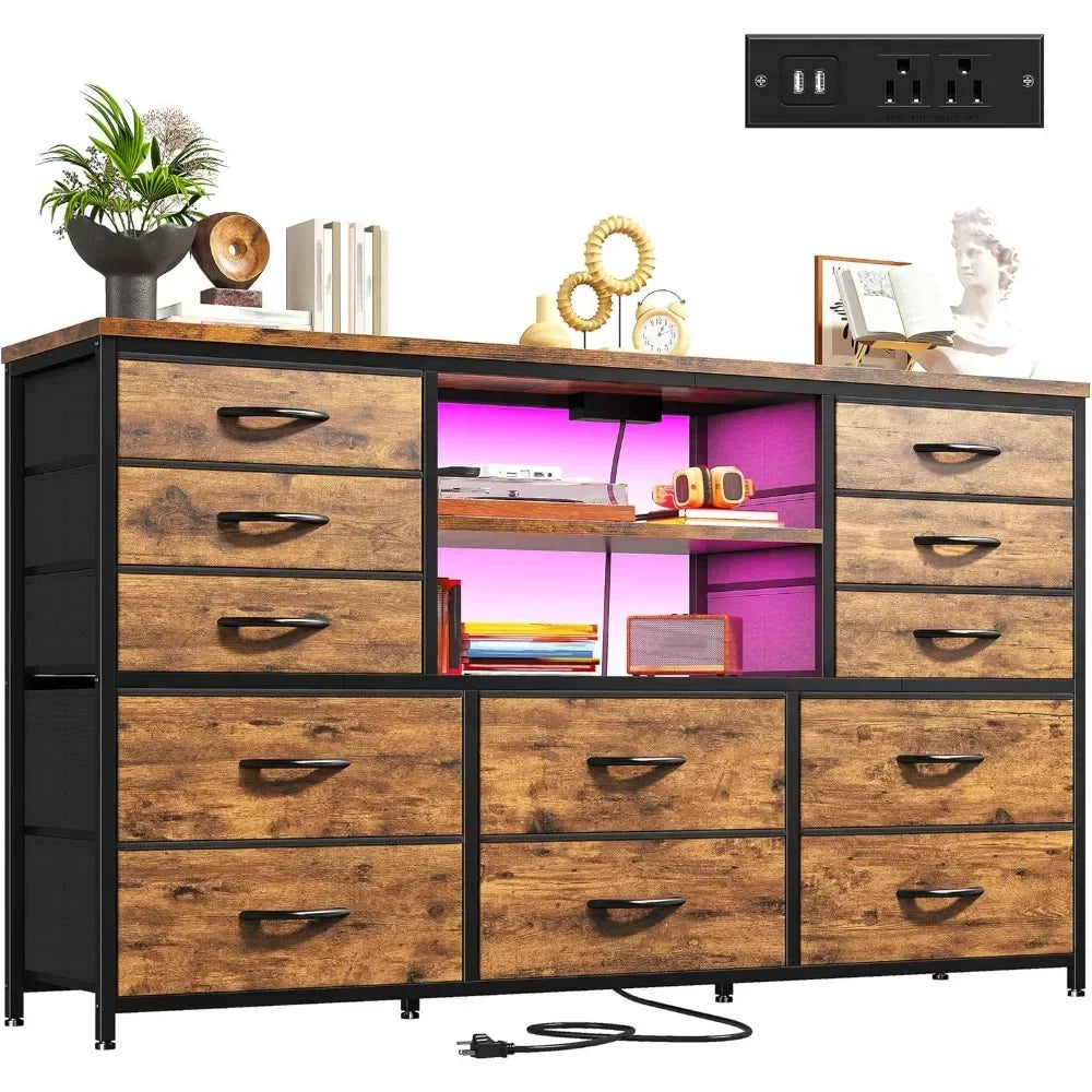 LED Light & Power Outlet Equipped 12-Drawer Dresser TV Stand for 60'' TV Bedroom Fabric Dressers  Chest for Storage Customized