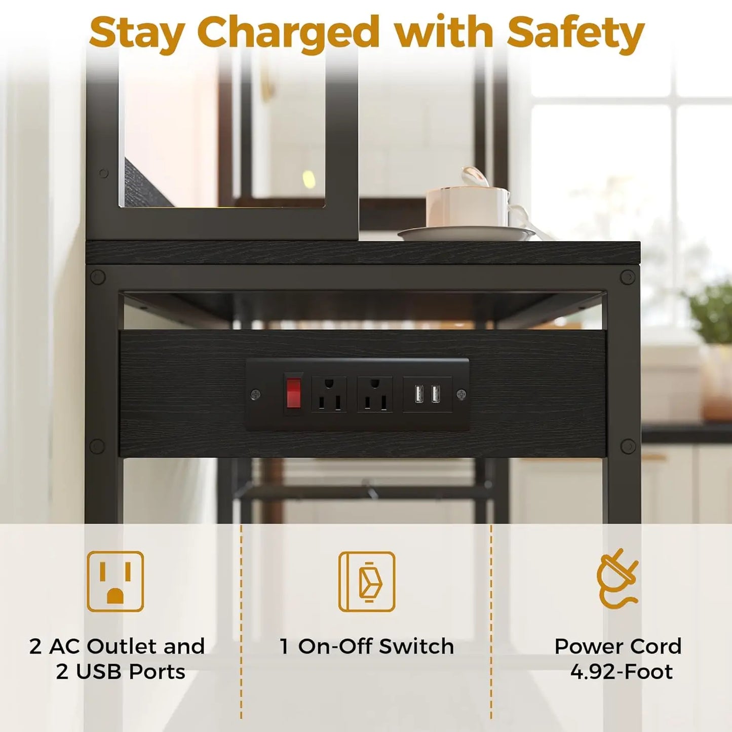 Bakers Rack With Power Outlet And Storage Cabinet Microwave Stand