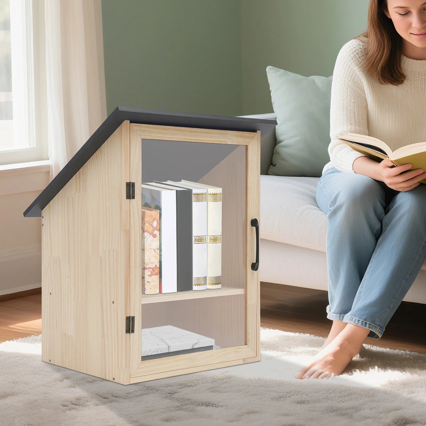 DIY Pine & Acrylic Display Bookcase, Modern 2-Tier Cabinet with Door for Books & Crafts, 16x23 Inch for Living Room School