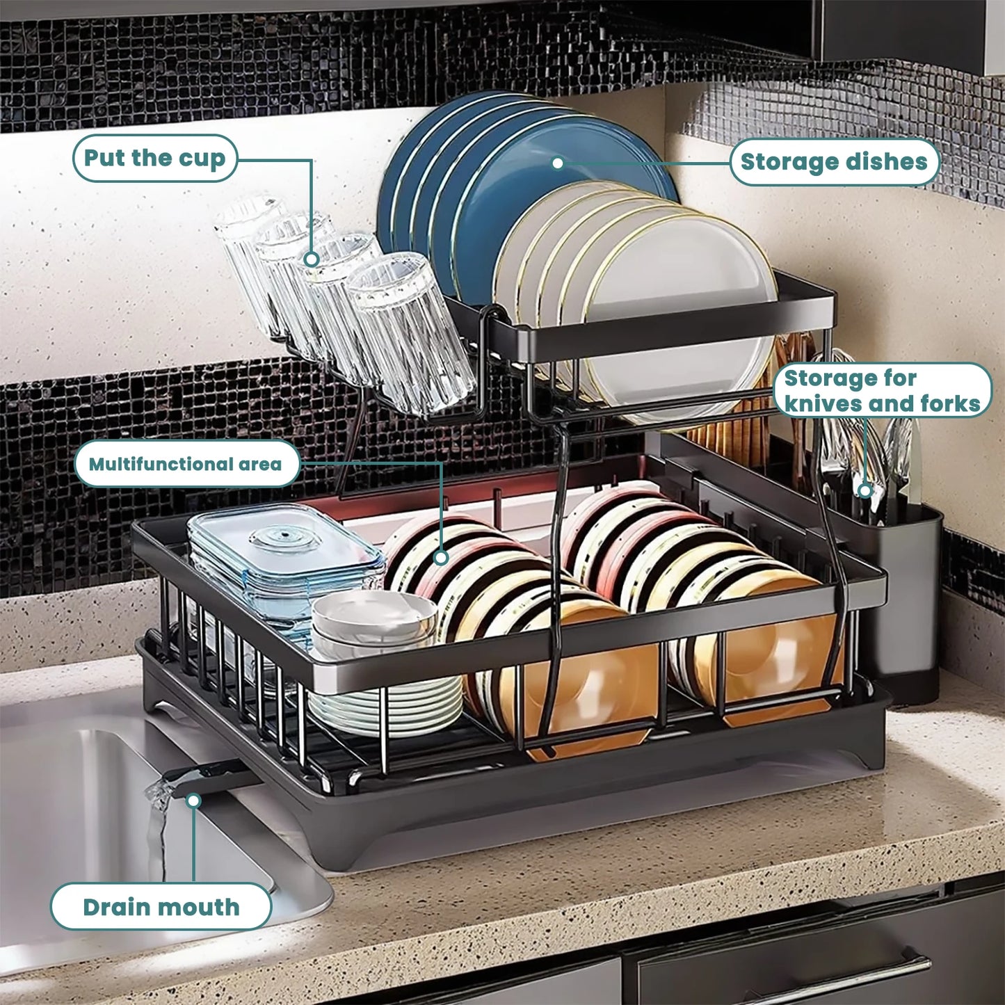 Two Tier Dish Drying Rack For Kitchen Countertop Removable