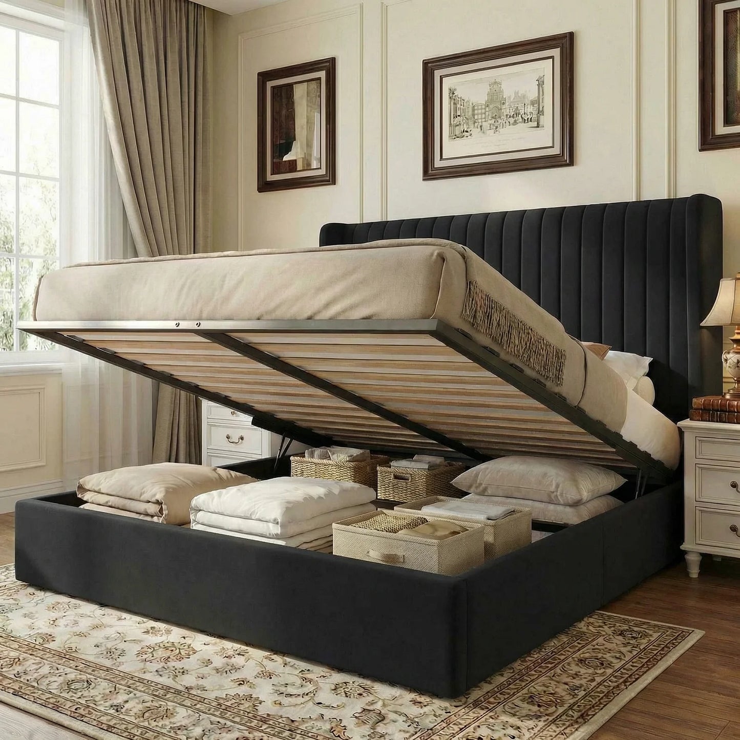 HOOMIC Velvet Lift Up Storage Bed Frame With Hydraulic System